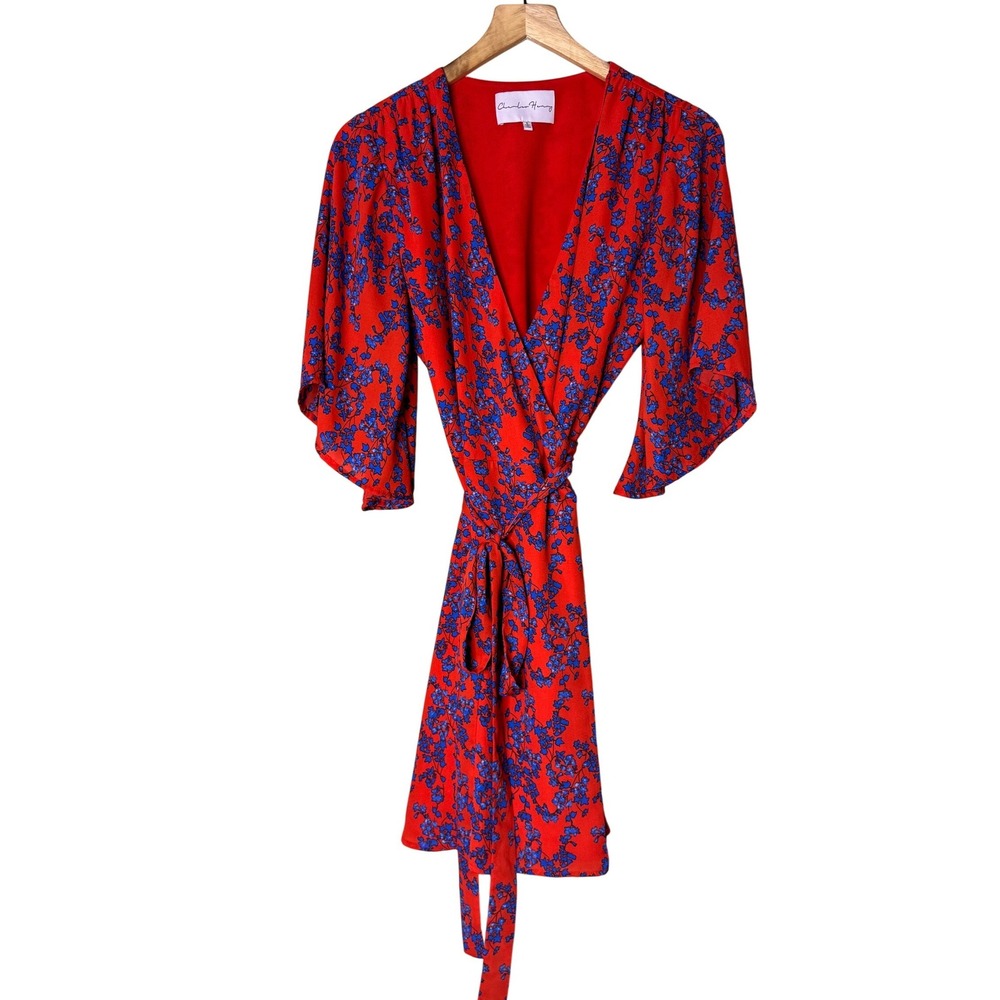 Charles Henry Red Blue Floral Wrap Mini Dress Kimono‎ Sleeve Womens Small